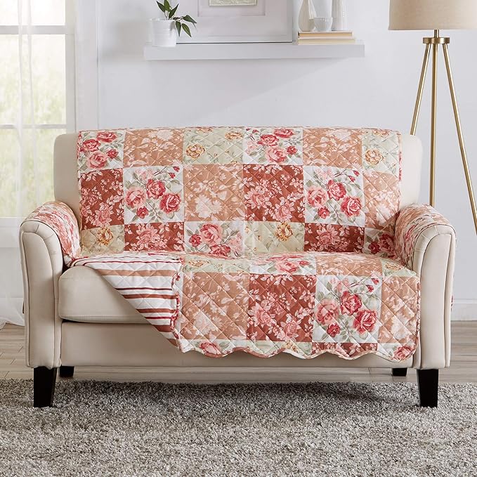 Great Bay Home Reversible Floral Patchwork Furniture Protector Scalloped Edge Stain Resistant Printed Furniture Protector Maribel Collection (Loveseat, Burgundy/Taupe)