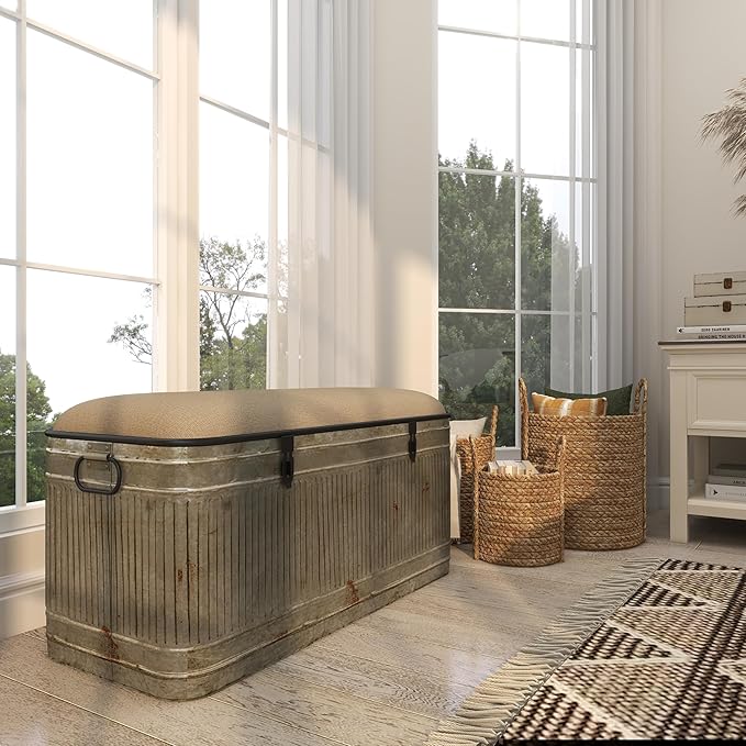 Deco 79 Metal Room Storage Bench Galvanized Entryway Bench with Cream Burlap Top and Black Latches, Bench 38" x 16" x 19", Gray