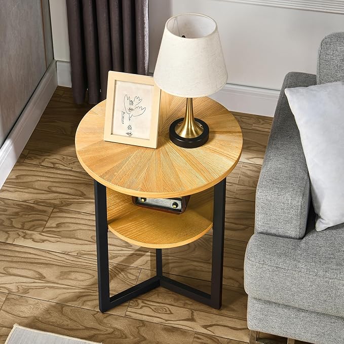 MODERION Round End Table with Storage, Solid Wood & Black Metal Frame, 19.3"L x 19.3"W x 24"H, Natural Wood & Black, 130 lbs Capacity