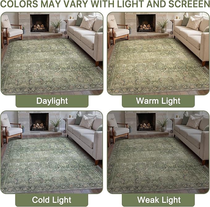 8X10 Area Rugs Machine Washable Rugs for Living Room, Vintage Boho Large Rugs for Bedroom Dining Room, Non Slip Indoor Soft Distressed Lightweight Thin Low Pile Carpet, Green