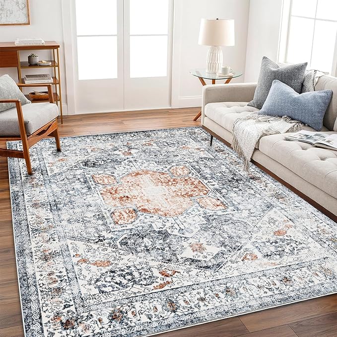 Area Rug 8x10 Washable Rug Orange Gray Vintage Traditional Mat Distressed Indoor Foldable Thin Retro Accent Floral Print Non Slip Carpet Living Room Dining Room Office