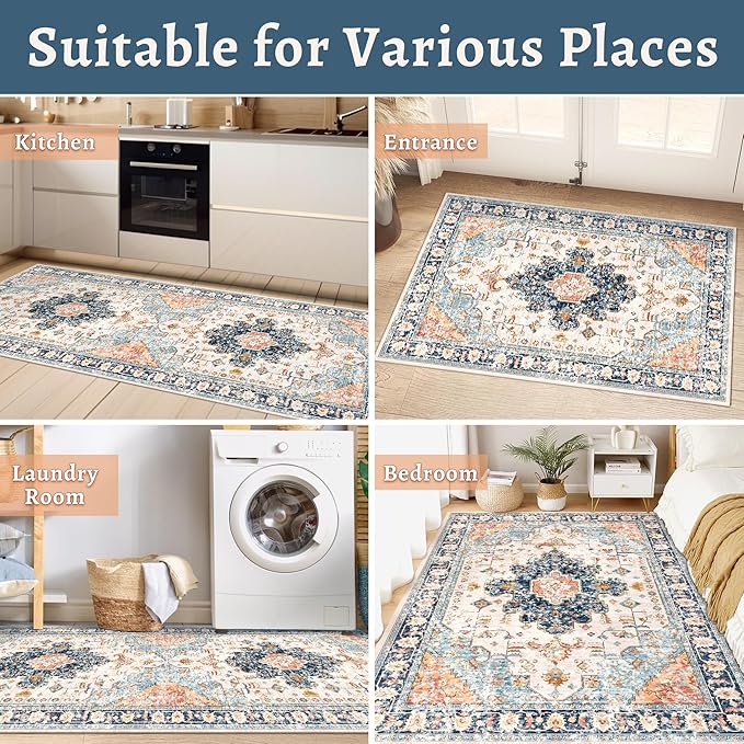 Tangsoo 2x10 Washable Runner Rug for Hallways, Non Slip Vintage Runner Rug, Soft Low Pile Long, Print Distressed Blue/Orange Carpet Runners for Kitchen Bedroom Entryway Bathroom Living Room