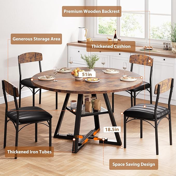Round Dining Table Set for 6, Kitchen Table and Chairs for 4, Circle Table Round Pedestal Dining Room Dinner Dinette Table Set,5 Piece Space Saving Wood Kitchen & Dining Room Tables (Vintage, 51In)