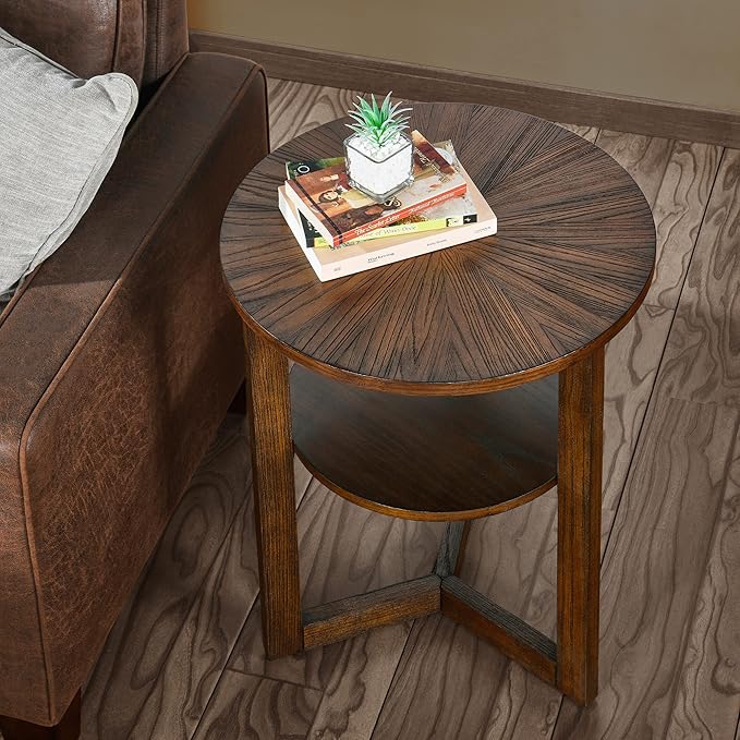 MODERION Round End Table, Rustic Side Table with Storage Shelf, Classic Circular Solid Wood Beside Table, 2-Tier Telephone Table, Nightstand, 24”H x 19.3”D for Living Room Vintage Brown BZ3338NC
