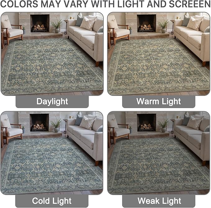 5X7 Area Rugs Machine Washable Rugs for Living Room, Vintage Boho Large Rugs for Bedroom Dining Room, Non Slip Indoor Soft Distressed Lightweight Thin Low Pile Carpet, Deep