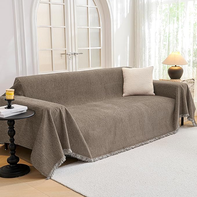 MYSKY HOME Couch Cover for Dogs Washable Couch Covers Couch Covers for Dogs Couch Cover 2 Cushion Sofa Non Slip Dogs Furniture Protector with Tassels Chenille Sofa Covers for Pets, 71"x102", Sand