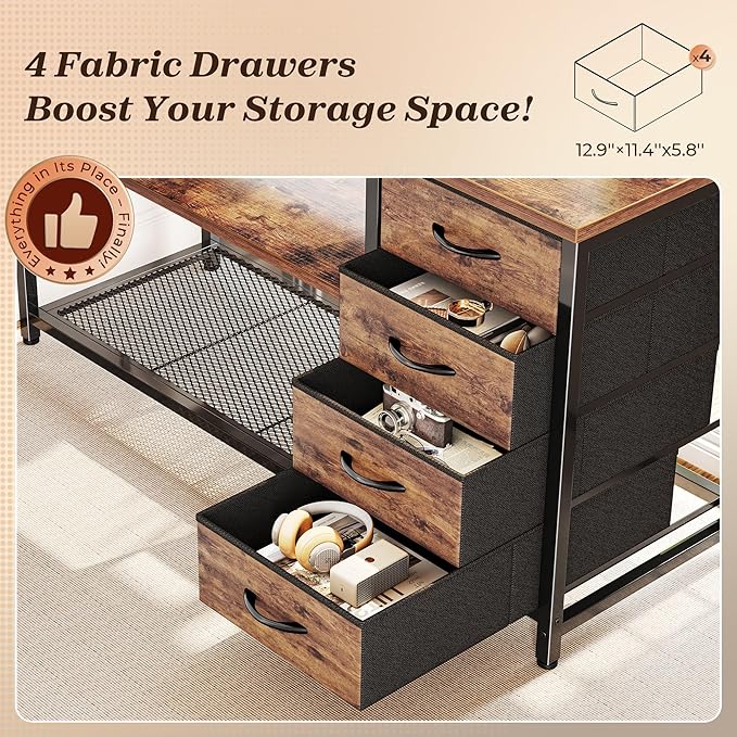 PRAISUN 61" L Shaped Desk with Power Outlets and USB-C Port, Reversible Computer Corner Office Desk with 4 Fabric Drawers and 2 Height-Adjustable Shelves, Large for Gaming Writing Study, Rustic Brown