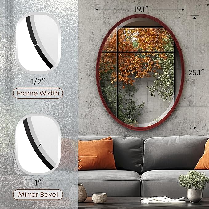 OVALCREST - Oval Wooden Beveled Wall Mirror for Home Decor, Bathroom, Vanity, Bedroom, Living Room, Hallway - London Style (Black Cherry) 19.1 x 25.1