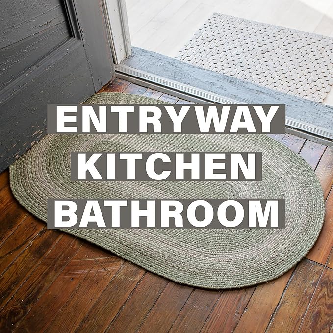 Homespice Grassland Rustic Braided Rugs 20x30 - Oval Sage Green Kitchen Rug of Jute for Country Decor