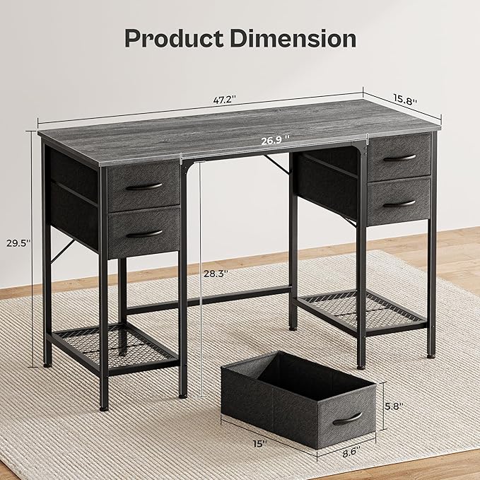Huuger 47 Inch Computer Desk with 4 Drawers, Office Desk with Mesh Shelf, Gaming Desk, Large Storage, Writing Work Desk for Home Office, Study, Bedroom, Work from Home, Grey