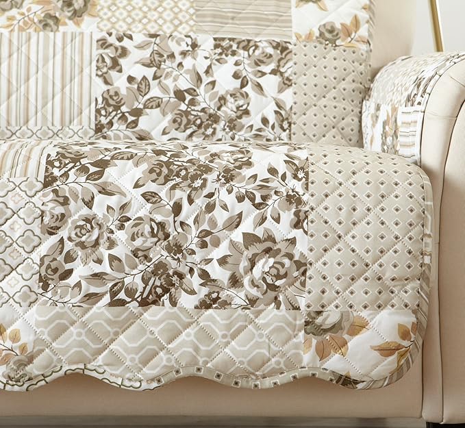 Great Bay Home Patchwork Scalloped Printed Furniture Protector Stain Resistant Loveseat Cover (Loveseat, Taupe)