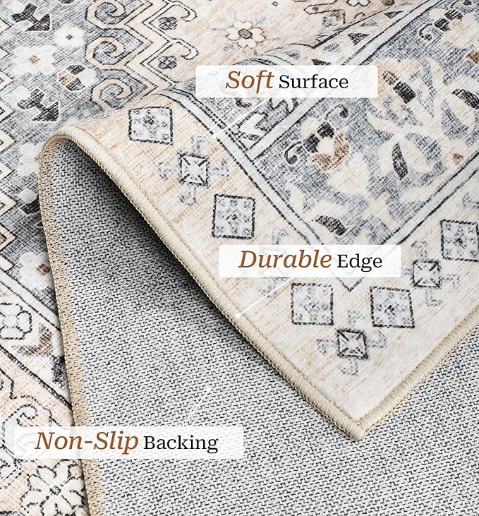 zesthome 7x9 Area Rug, Super Soft Washable Rugs for Living Room, Non-Slip Stain Resistant Vintage Rugs, Ultra-Thin Large Area Rugs (Beige,7'x9')