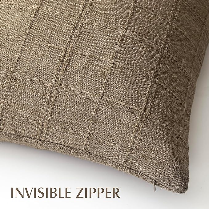 Foindtower Set of 2 Decorative Linen Check Throw Pillow Covers Neutral Farmhouse Lumbar Cushion Covers Modern Boho Home Decor for Sofa Chair Couch Bedroom Living Room Outdoor,12×20 Inch,Light Brown