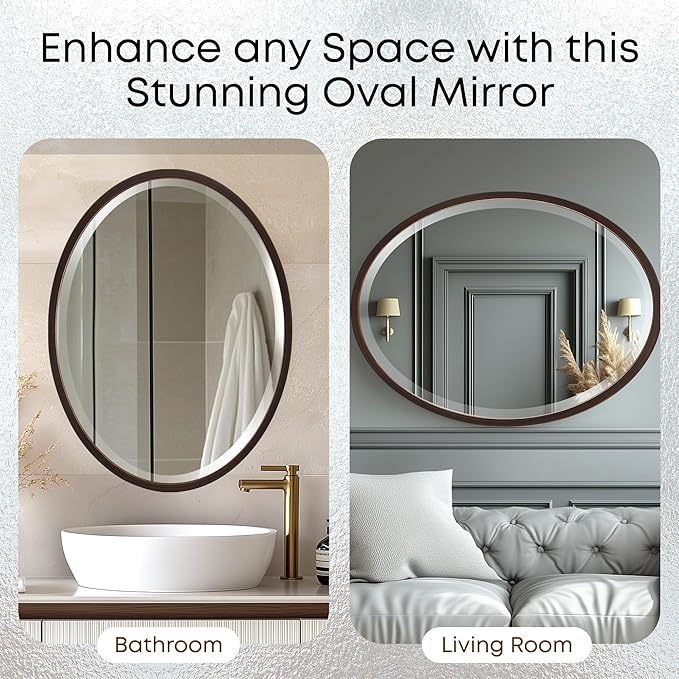 OVALCREST - Oval Wooden Beveled Wall Mirror for Home Decor, Bathroom, Vanity, Bedroom, Living Room, Hallway - London Style (Rubbed Bronze) 25.1 x 37.1