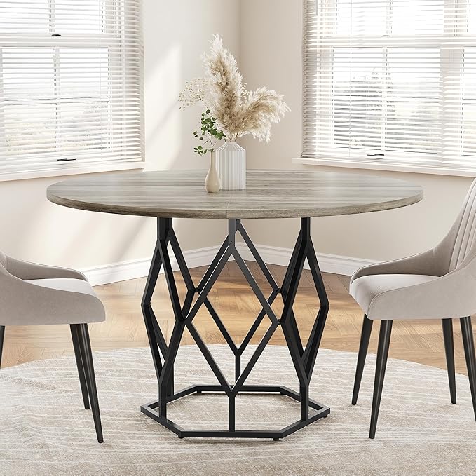 GarveeHome Round Dining Table for 4-6 People, 47 Inch Farmhouse Kitchen Table, Sturdy Metal Base, Industrial Wood Dinning Room Table for Kitchen, Grey