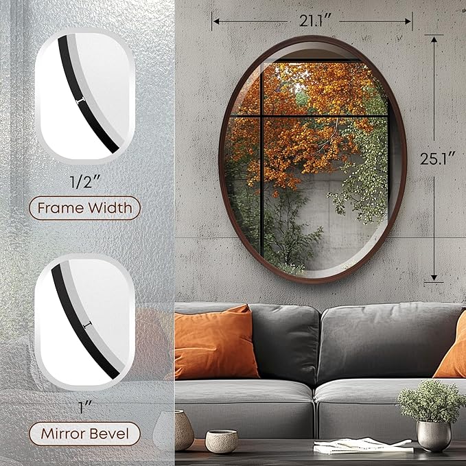OVALCREST - Oval Wooden Beveled Wall Mirror for Home Decor, Bathroom, Vanity, Bedroom, Living Room, Hallway - London Style (Black Walnut) 21.1 x 25.1