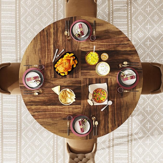 Tribesigns Round Dining Table for 4-6 People, 47-Inch Farmhouse Dinning Room Circle Kitchen Table, Industrial Dinner Table with Metal Base for Kitchen, Living Room, Black and Brown