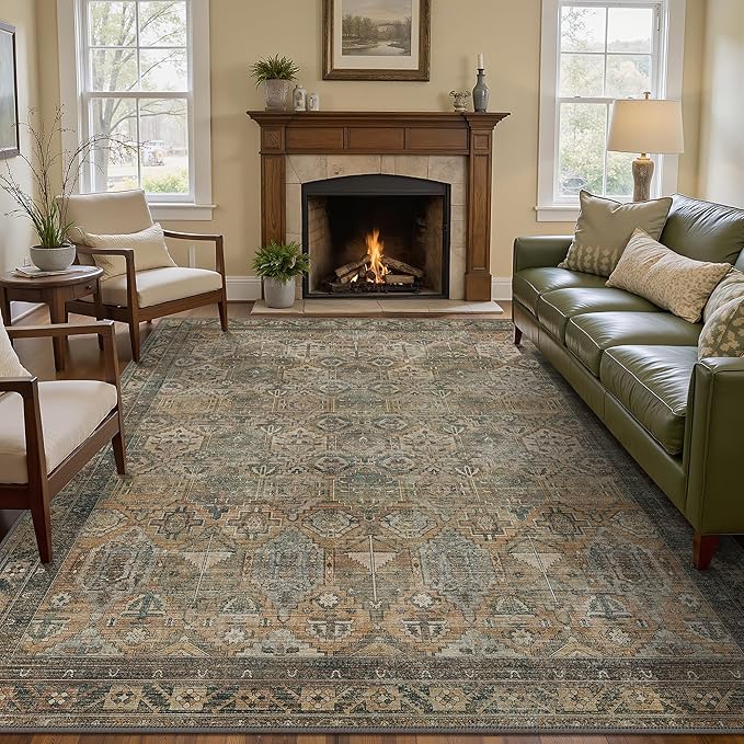 GENIMO 3x5 Area Rugs for Living Room, Machine Washable Non Slip Vintage Rugs, Low Pile Lightweight Chenille Print Rug for Bedroom, Dining Room, Home Office, Warm Taupe