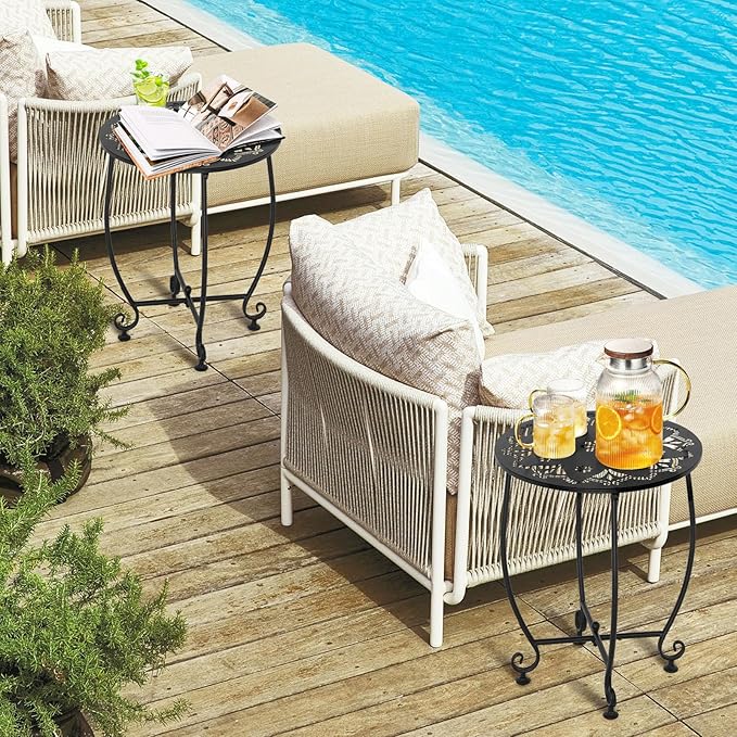 2 Pack Outdoor Side Tables for Patio, Weather Resistant Steel Patio Side Table, Small Round Outdoor End Table Metal Side Table for Patio Yard Balcony Garden Black (Flowers)