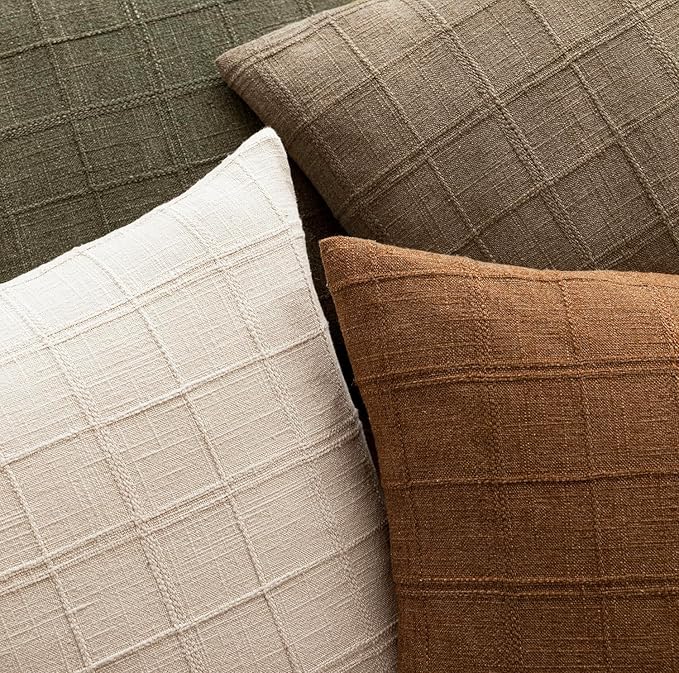 Foindtower Set of 2 Decorative Linen Check Throw Pillow Covers Neutral Farmhouse Vintage Cushion Covers Modern Boho Home Decor for Sofa Chair Couch Bedroom Living Room Outdoor,26×26 Inch,Brown Hazel
