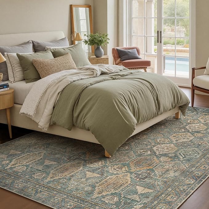 GENIMO 5x7 Area Rugs for Living Room, Machine Washable Non Slip Vintage Rugs, Low Pile Lightweight Chenille Print Rug for Bedroom, Dining Room, Home Office, Sage Teal