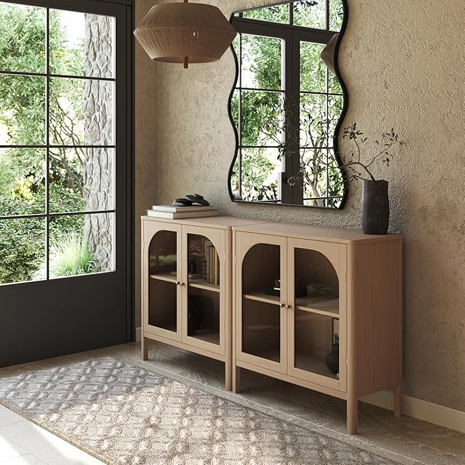 Nathan James Mason Modern Farmhouse TV Stand, Free Standing Accent Sideboard Buffet, Cabinet with Glass Doors and Adjustable Shelf, Clear Glass/Raw Oak Set of 2