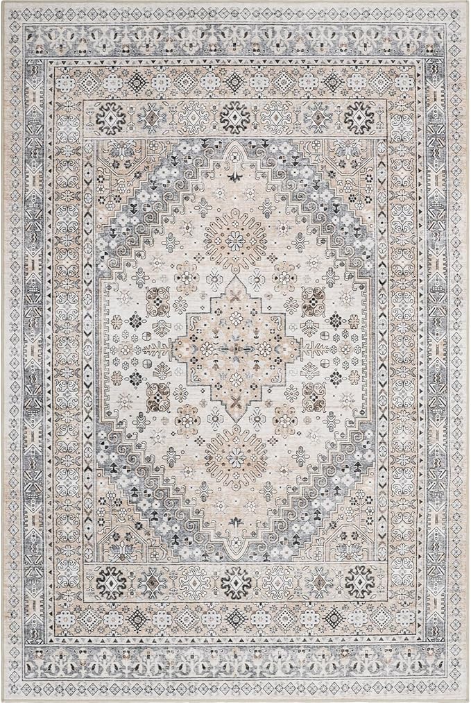 zesthome 8x10 Area Rugs for Living Room,Non-Slip Backing Washable Rugs,Vintage Large Area Rug，Stain Resistant Home Decor Rug (Beige,8'x10')