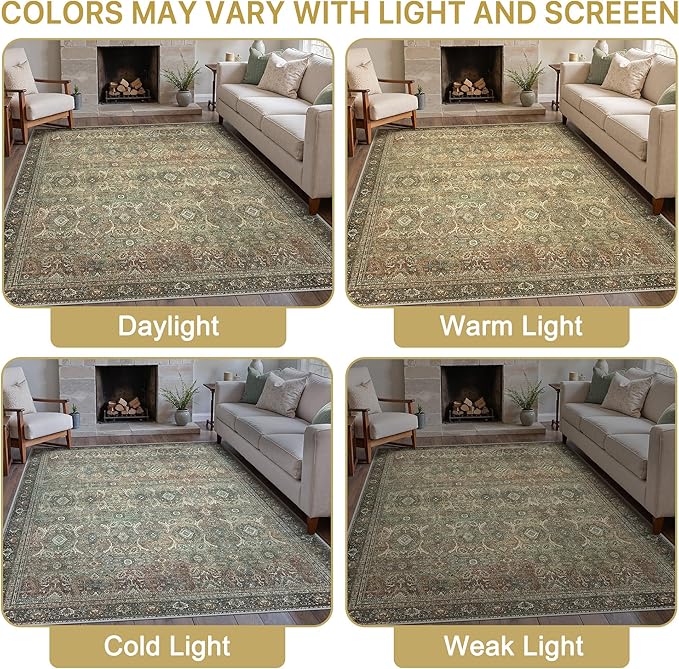 8X10 Area Rugs Machine Washable Rugs for Living Room, Vintage Boho Large Rugs for Bedroom Dining Room, Non Slip Indoor Soft Distressed Lightweight Thin Low Pile Carpet, Green Faded Red