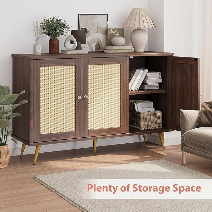 Shintenchi Large Rattan Storage Cabinet, Modern Sideboard Cabinet, Accent Large Storage Space Cabinet with Rattan Decorated Doors for Living Room, Dining Room, Brown