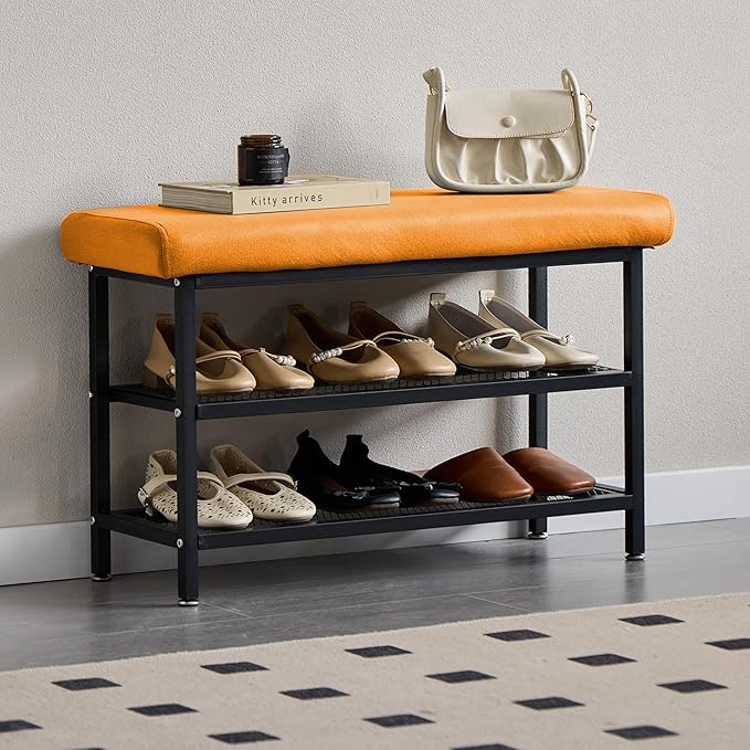 Shoe Rack Shoe Bench Shoe Organizer Storage Rack for Hallway Bedroom Living Room with Comfortable Seat Cushion 80x30x50cm (80cm Orange)