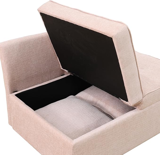 Convertible Ottoman Sofa with Storage, Modern Sackcloth Futon Couch with 2 Pillows Adjustable Backrest, Recliner Folding Loveseat for Living Room, Apartment Dorm, Office,Pink