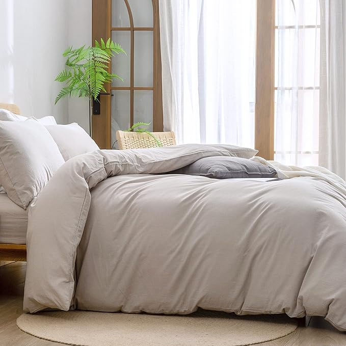 BESTOUCH Duvet Cover Set 100% Washed Cotton Linen Feel Super Soft Comfortable Chic Lightweight 3 PCs Home Bedding Set Solid Linen Grey Super King