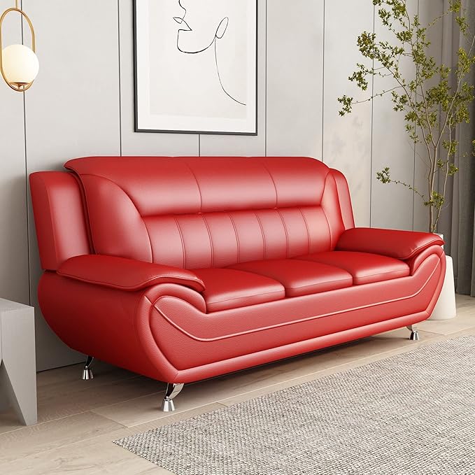 Container Furniture Direct Michael Modern Faux Leather Upholstered Stainless Steel Legs Living Room Sofa, Chair, Red