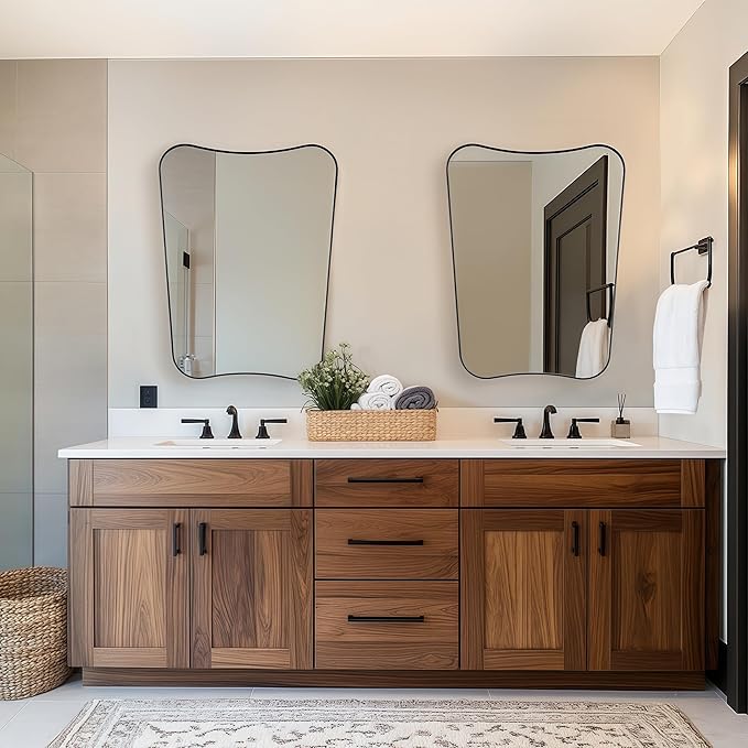 Black Bathroom Vanity Mirrors, 24 x 32 Irregular Wall Mirror with Black Trim Frame, Modern Asymmetrical Wall Mirror, Unique Shaped Decorative Mirrors for Living Room, Bedroom, Fireplace