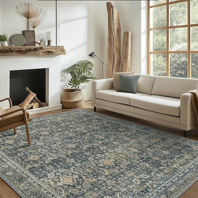 2X7 Area Rugs Machine Washable Rugs for Living Room, Vintage Boho Large Rugs for Bedroom Dining Room, Non Slip Indoor Soft Distressed Lightweight Thin Low Pile Carpet, Deep