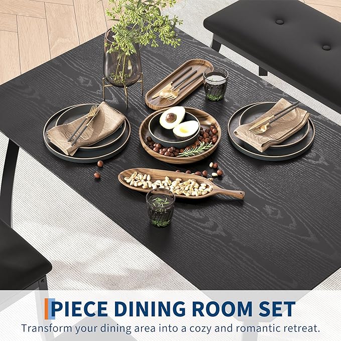 GAOMON Dining Table Set for 4, Wooden Kitchen Table with Upholstered Bench & 2 Cushion Chairs, Space-Saving Dinette Set for Studio, Kitchen, Dining Room, Apartment(43''x28''x30''), Black