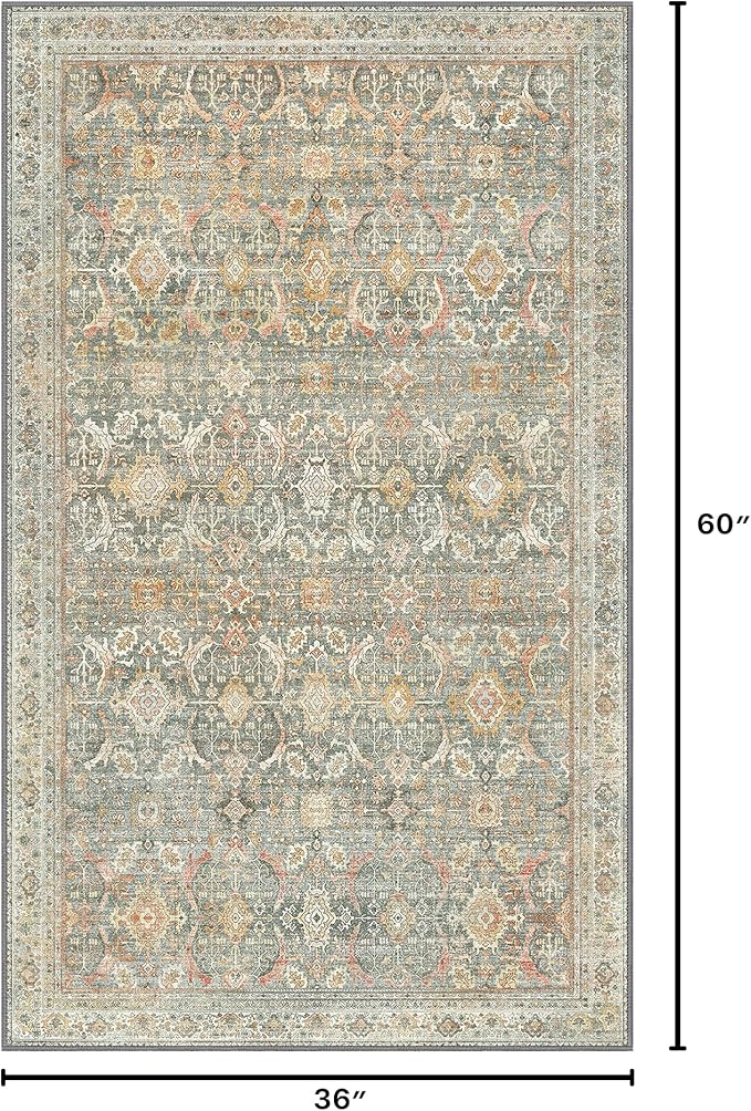 3X5 Area Rugs Machine Washable Rugs for Living Room, Vintage Boho Large Rugs for Bedroom Dining Room, Non Slip Indoor Soft Distressed Lightweight Thin Low Pile Carpet, Turmeric