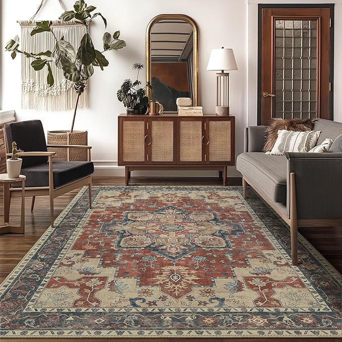 GENIMO 10x12 Area Rugs for Living Room, Machine Washable Non Slip Vintage Rugs, Low Pile Lightweight Chenille Print Rug for Bedroom, Dining Room, Home Office,Bordeaux