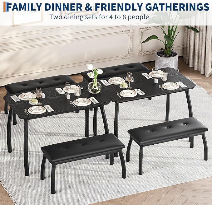 3 Piece Farmhouse Dining Table Set for 4, Compact Rustic Kitchen Table with 2 Padded Benches, Space Saving Breakfast Nook Furniture Set for Small Spaces, Apartments, Black