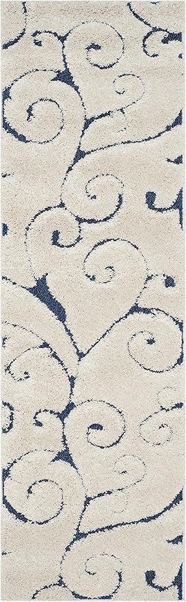 SAFAVIEH Florida Shag Collection Runner Rug - 2'3" x 15', Cream & Blue, Scroll Design, Non-Shedding & Easy Care, 1.2-inch Thick Ideal for High Traffic Areas in Living Room, Bedroom (SG455-1165)