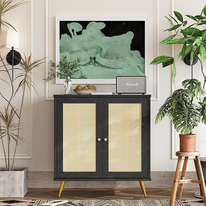 Shintenchi Rattan Buffet Cabinet with Storage, Sideboard Buffet Cabinet with Rattan Decor Doors, Modern Wood Cupboard for Kitchen Living Room Dining Room Hallway Entry,Black