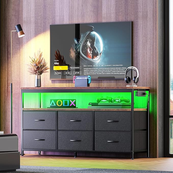 Huuger LED TV Stand for Bedroom, 47 Inch Dresser TV Stand for 43, 50, 55 Inch TV, Rustic Black TV Stand with Storage, Entertainment Center with Power Outlets, 6 Drawer Fabric Dresser for Living Room