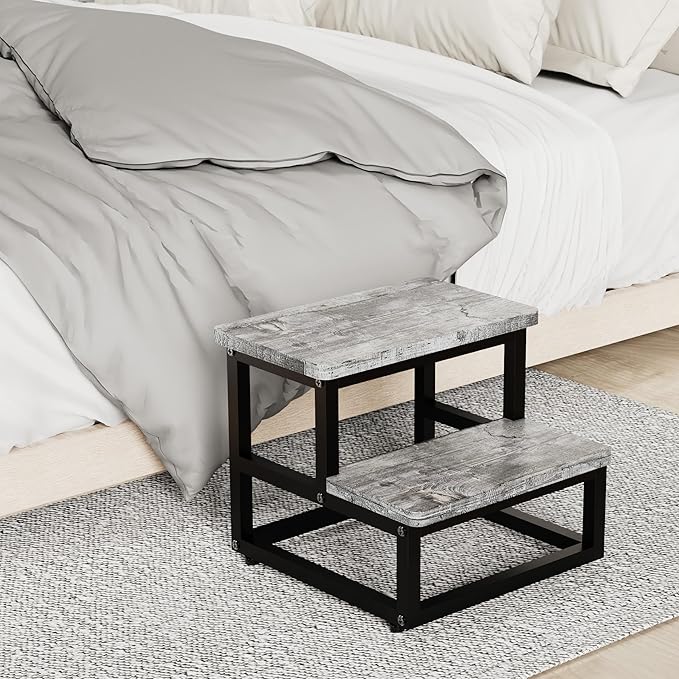 Step Stools for Kids Adults, Heavy Duty Stepping Stools Bed Steps for High Beds, Non-Slip Metal and Wooden 2 Steps Foot Stool for Bedside Kitchen, Round Corner, 500 Lbs Capacity, Gray Pattern
