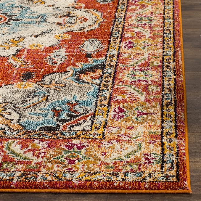 SAFAVIEH Monaco Collection X-Large Area Rug - 11' x 15', Orange & Light Blue, Medallion Distressed Design, Non-Shedding & Easy Care, Ideal for High Traffic Areas in Living Room, Bedroom (MNC243H)