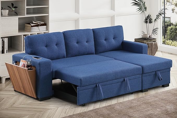 Ball & Cast L-Shape Reversible Sectional Sleeper Sofa Bed,4 in 1 Pull Out Couch with Storage Chaise USB Ports & Cup Holder,Convertible Sleeper Corner Couch Pull-Out Sofa Bed,for Living Room,Office