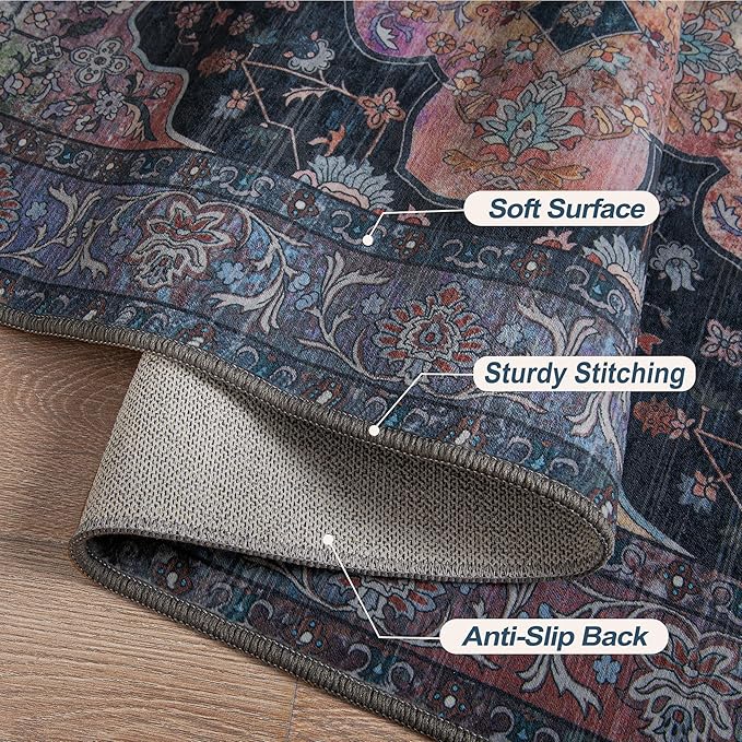 Tangsoo 2x6 Washable Runner Rug for Hallways, Non Slip Vintage Runner, Soft Low Pile Long Rug Runner, Print Distressed Navy/Mlulti Carpet Runners for Kitchen Bedroom Entryway Bathroom Living Room