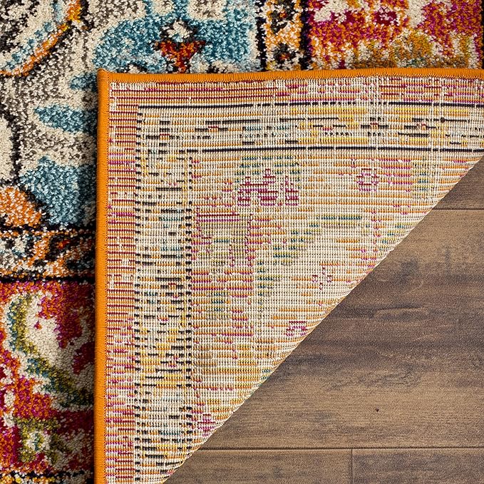 SAFAVIEH Monaco Collection Area Rug - 8'8" Square, Orange & Light Blue, Boho Chic Medallion Distressed Design, Non-Shedding & Easy Care, Ideal for High Traffic Areas in Living Room, Bedroom (MNC243H)