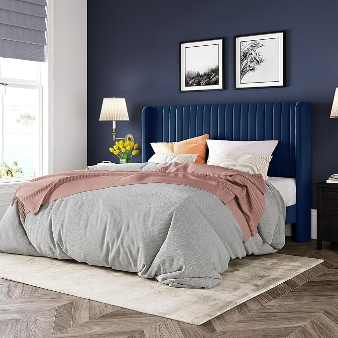 Allewie Queen Size Velvet Bed Frame/Vertical Channel Tufted Wingback Headboard/Upholstered Platform Bed/Strong Wooden Slats/No Box Spring Needed/Easy Assembly/Dark Blue