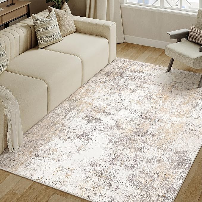 4x6 Washable Area Rug Beige Grey Neutral Abstract Entryway Kitchen Non Slip Low Pile Throw Rug Living Room Bedroom Indoor Doormat Soft Carpet for Entrance Bathroom Office