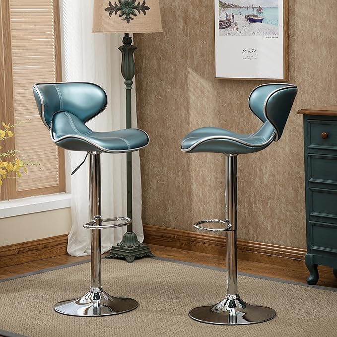 Roundhill Furniture Masaccio Cushioned Leatherette Upholstery Airlift Adjustable Swivel Barstool with Chrome Base, Set of 2, Blue